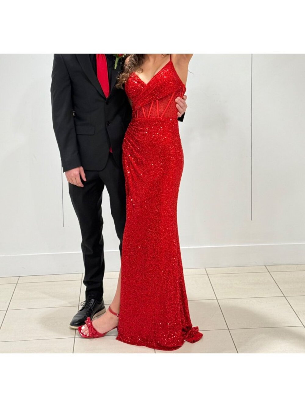 Camille La Vie Illusion Sequin Corset Lace Up Column Formal Prom Dress Red Size